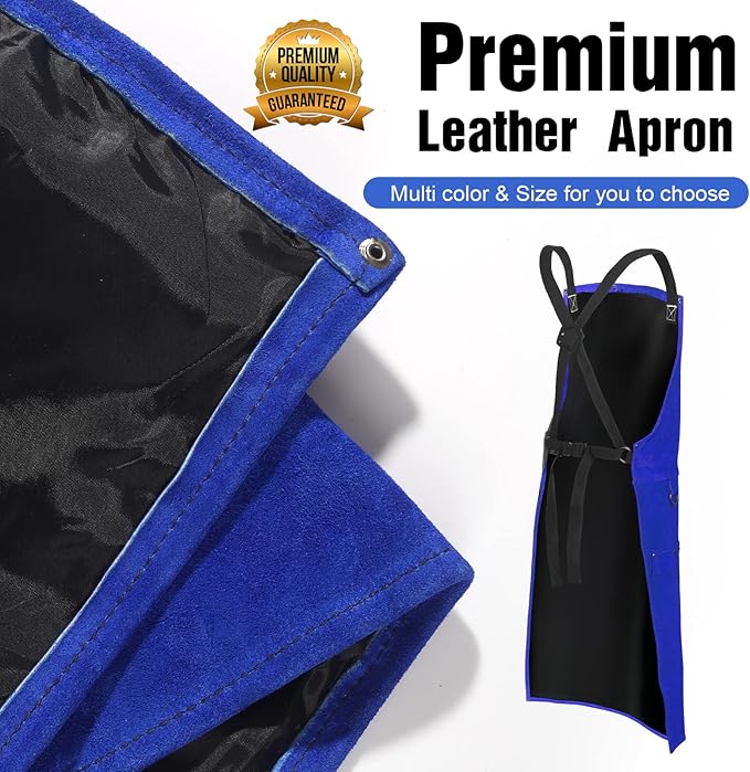 Leather Welding Work Apron with 6 Tool Pockets, Heat & Flame Resistant Welder Aprons, 24" x 36", Adjustable M to XXXL,Blue