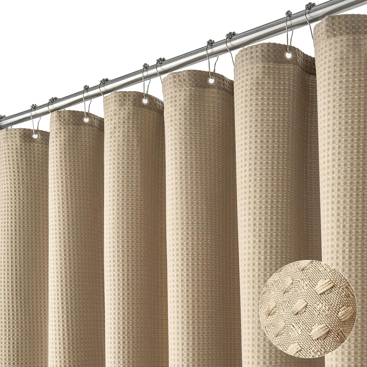 Fabric Shower Curtain - Waffle Weave Weighted Thick Cloth Shower Curtains for Bathroom, Hotel Spa Luxury Bath Curtain Set with 10 Hooks,Beige