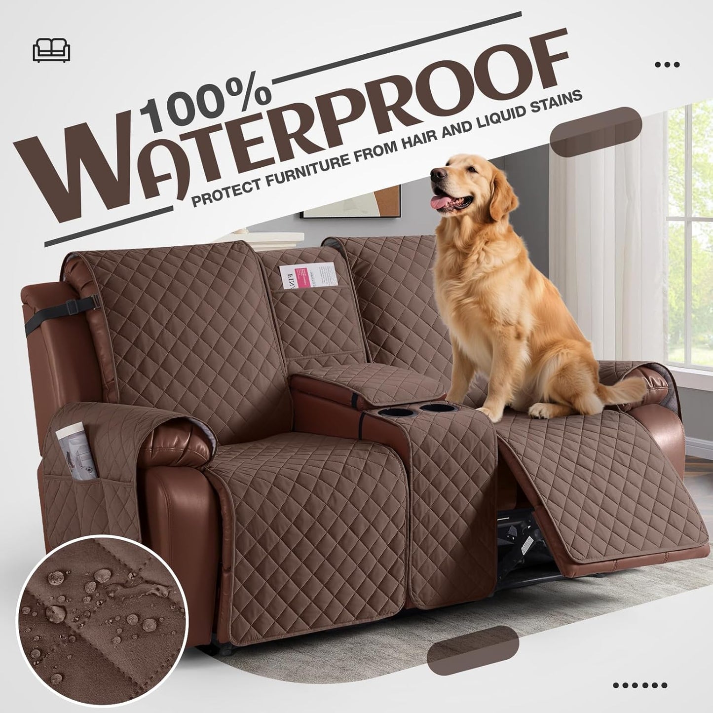 100%Waterproof  with Console, Non-Slip Reclining Couch Covers for 2 Seat, Recliner Sofa Cover Furniture Protector with Elastic Straps for Kids, Pets,Coffee