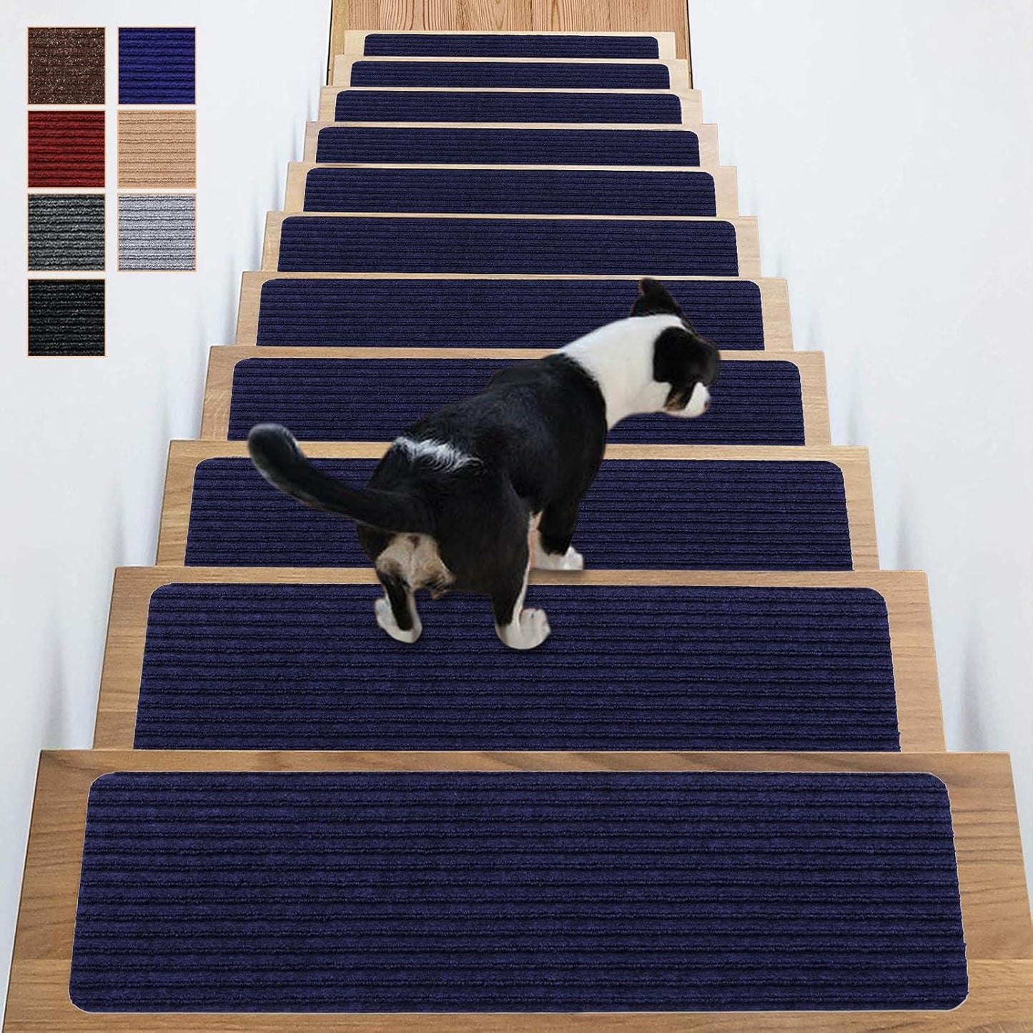 Stair Treads Carpet Non-Slip Indoor Stair Runners for Wooden Steps, Stair Rugs for Kids and Dogs, Set of 15, 8" X 30", Navy