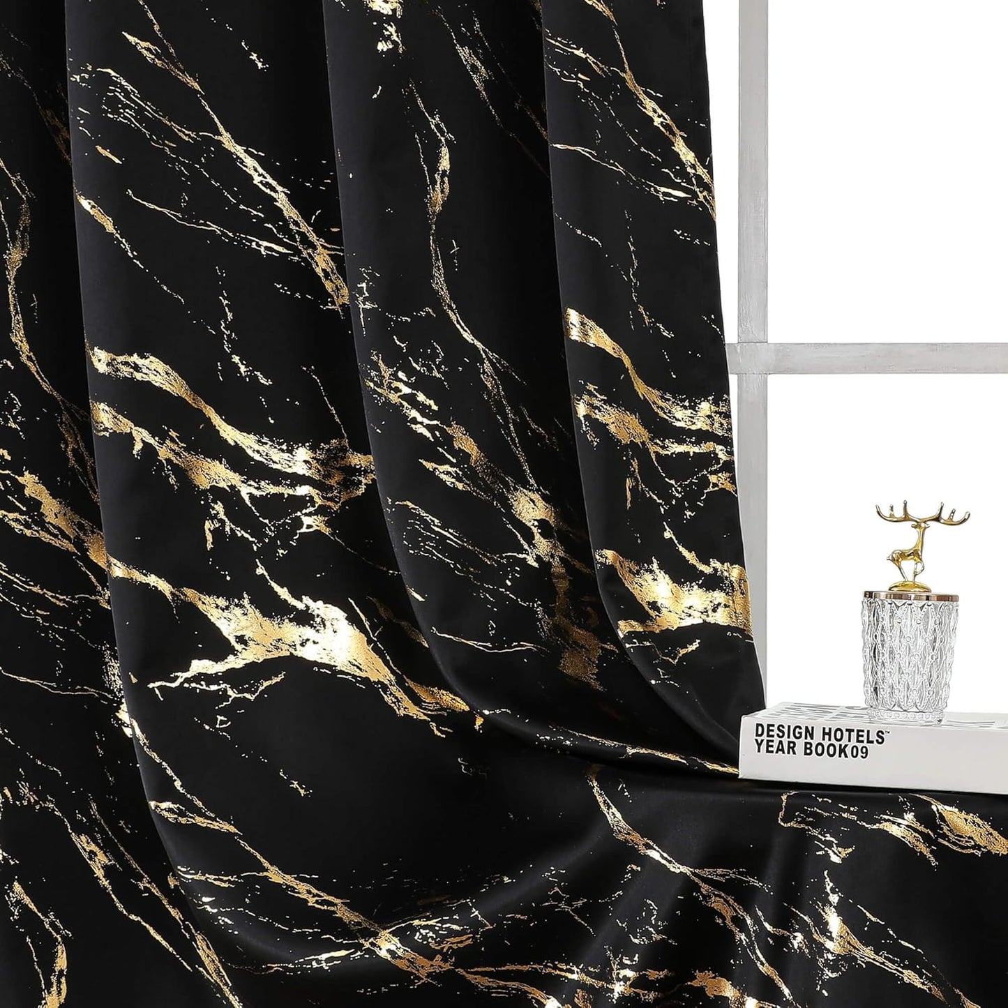 90% Blackout Curtains 2 Panels, Gold Marble Patterned Blackout Curtains Thermal Insulated Room Darkening Drapes for Living Room ,Black