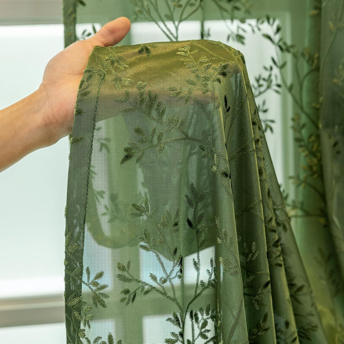 Green Lace Sheer Curtains, Farmhouse Leaf Jacquard Grommet Window Curtain for Living Room/Bedroom, Voile Sheer Panel Drapes