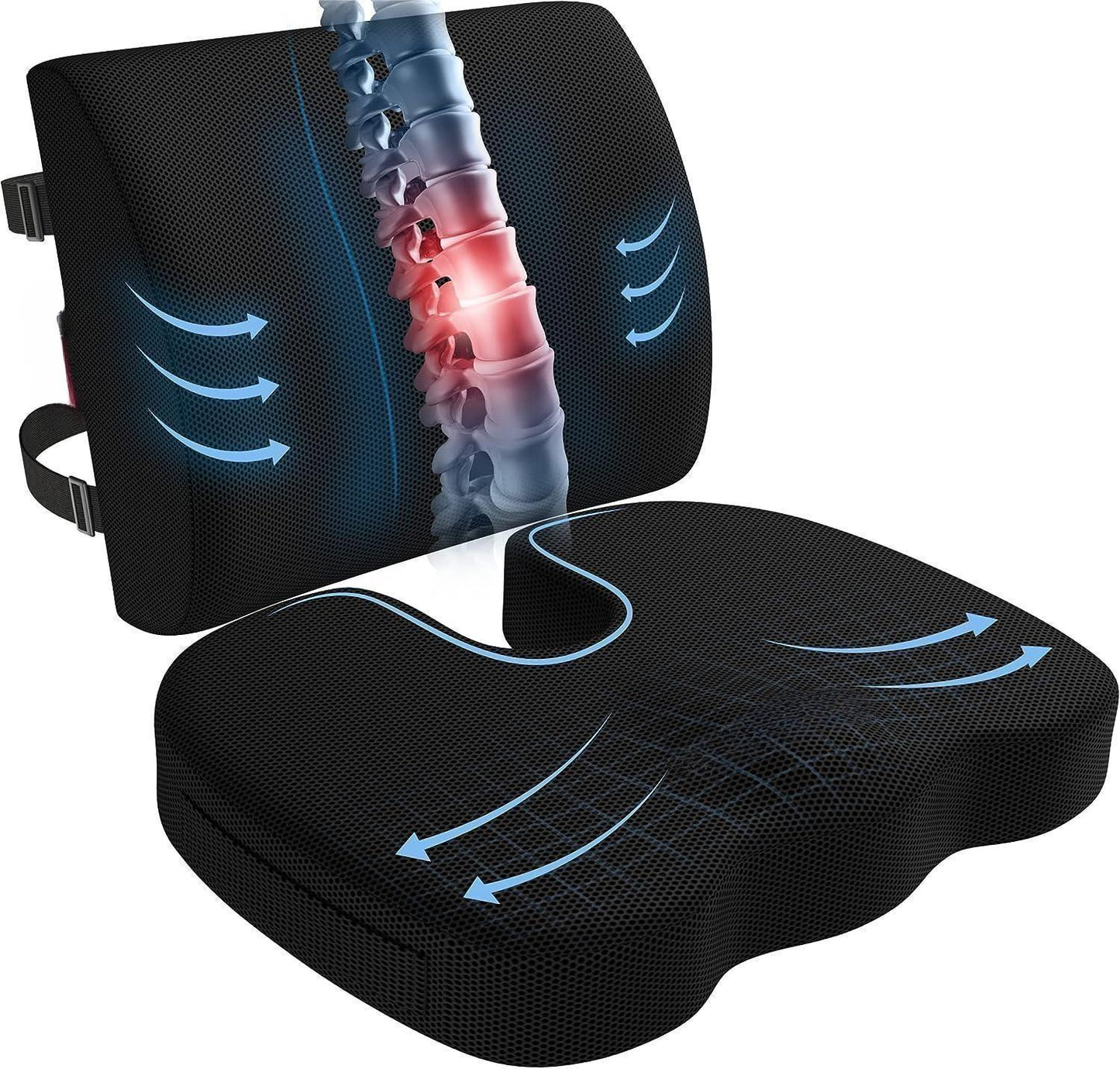 Seat Cushion for Office Chair, Lumbar Support Pillow for Chair, Car Seat Cushion,Washable Coat,Back Support Memory Foam Pillow ,Black Mesh