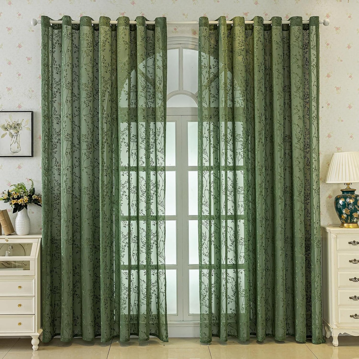 Green Lace Sheer Curtains, Farmhouse Leaf Jacquard Grommet Window Curtain for Living Room/Bedroom, Voile Sheer Panel Drapes