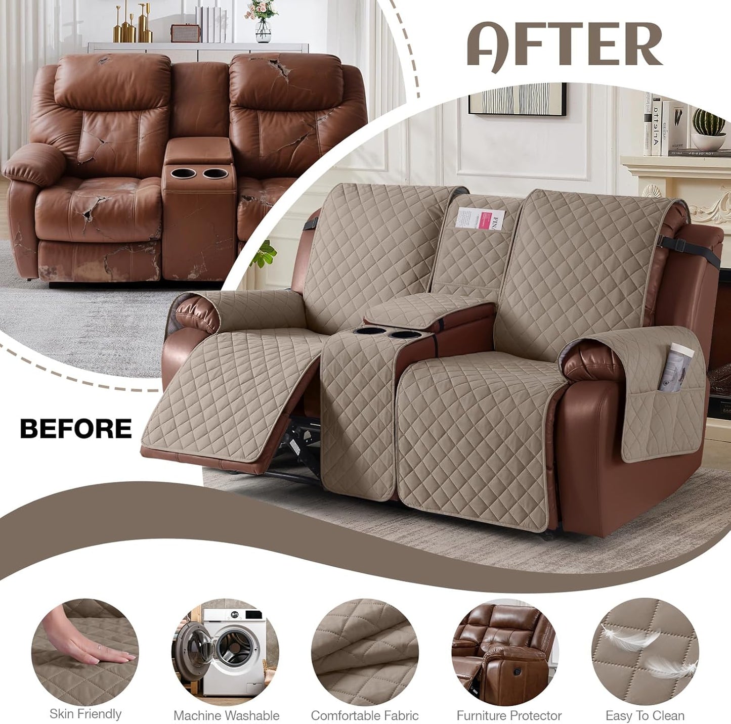 100%Waterproof  with Console, Non-Slip Reclining Couch Covers for 2 Seat, Recliner Sofa Cover Furniture Protector with Elastic Straps for Kids, Pets,Taupe