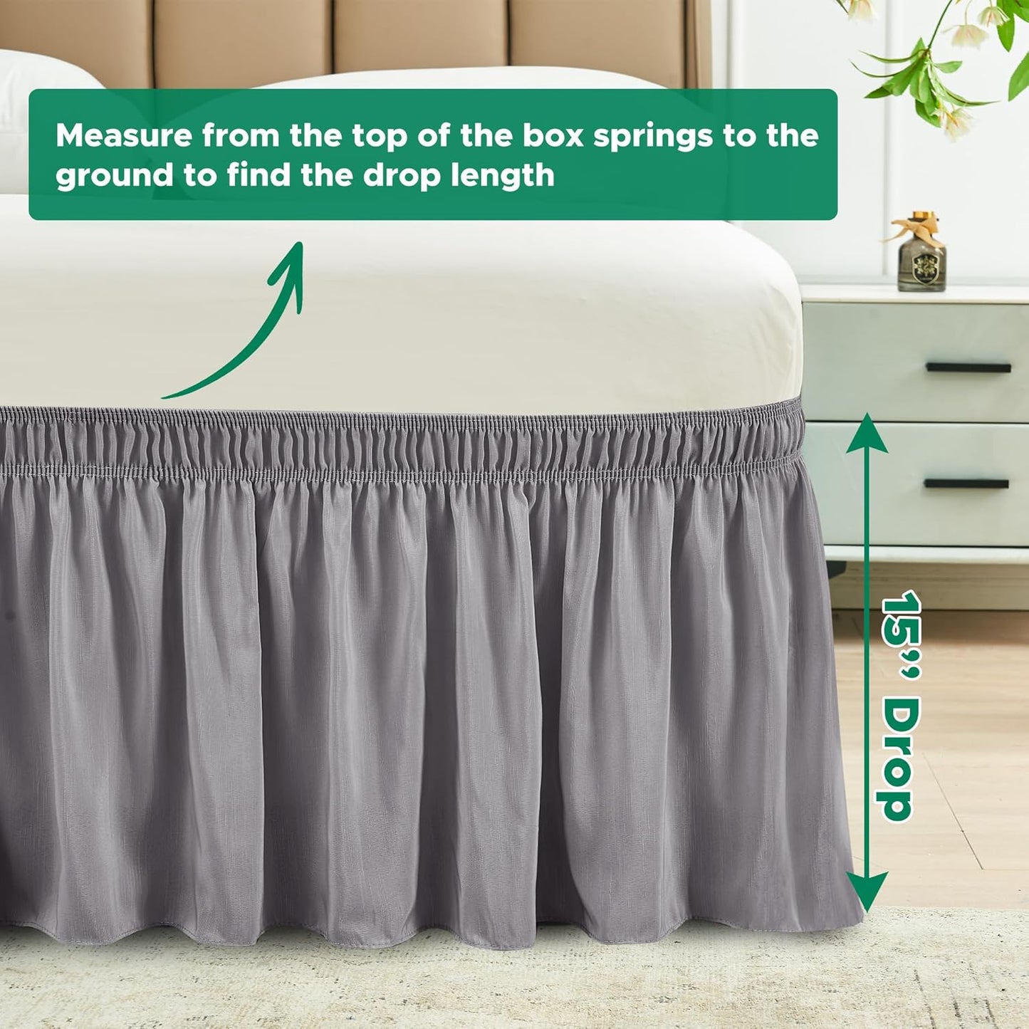 Wrap Around Bed Skirts  15" Drop, Aqua Adjustable Elastic Dust Ruffles Easy Fit Wrinkle & Fade Resistant  Machine Washable ,Grey