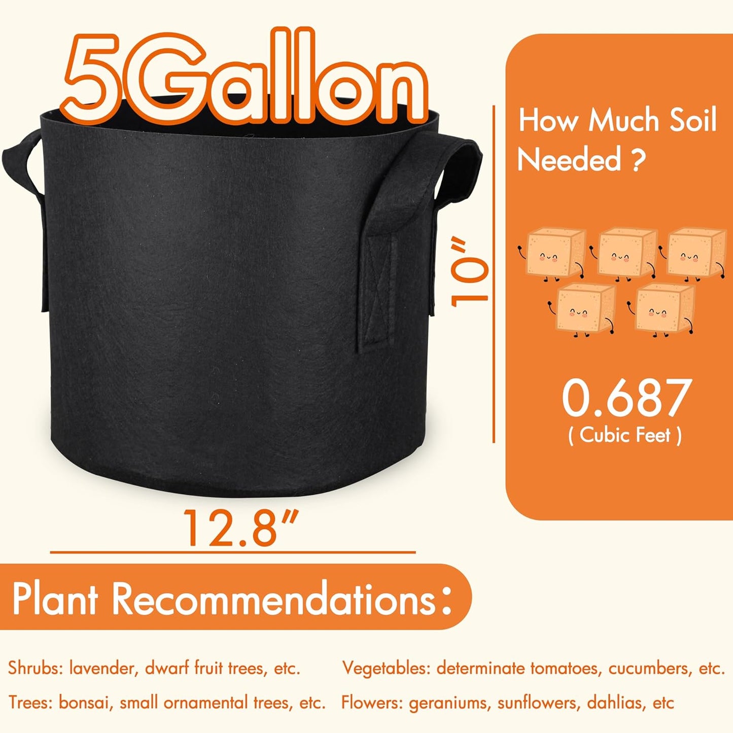 10-Pack 5 Gallon Grow Bags, Aeration Fabric Pots with Handles, Heavy Duty Cloth Pots for Plants
