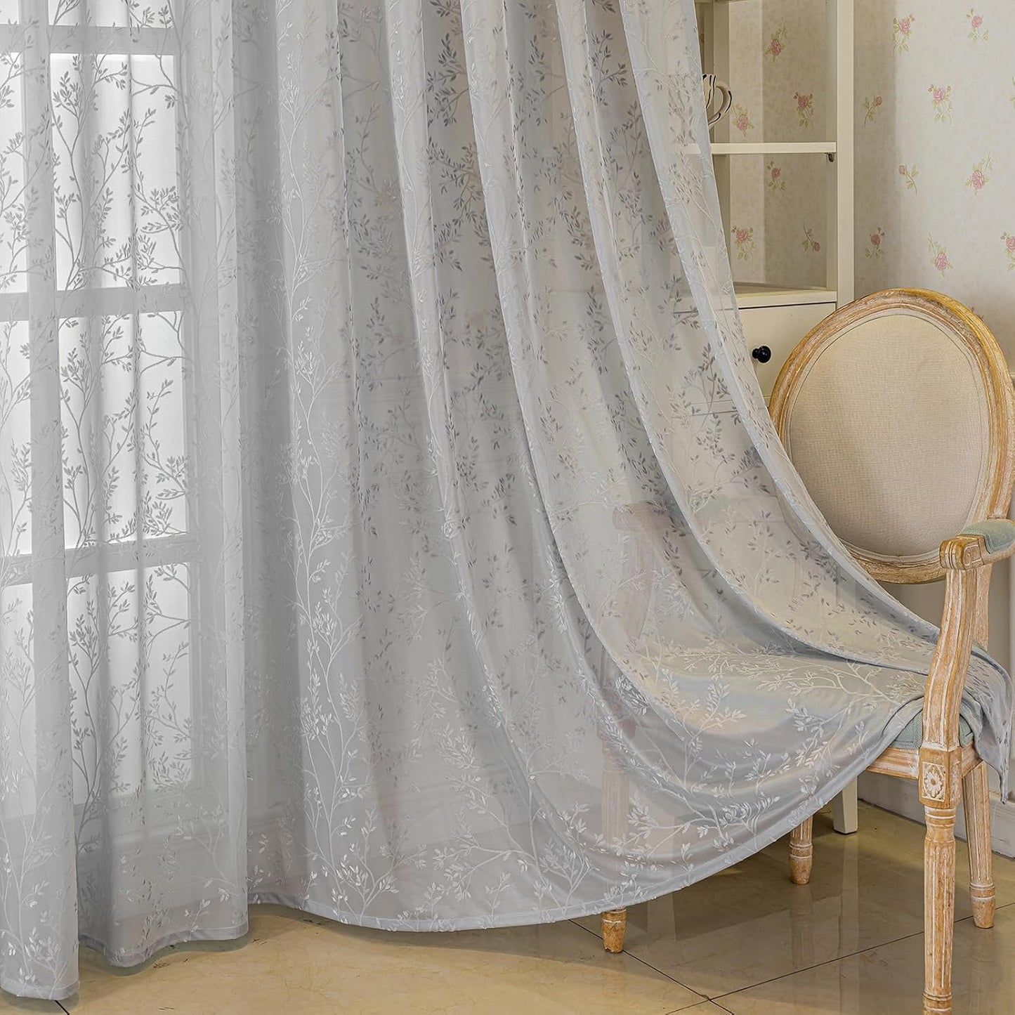 Grey Lace Sheer Curtains, Farmhouse Leaf Jacquard Grommet Window Curtain for Living Room/Bedroom, Voile Sheer Panel Drapes