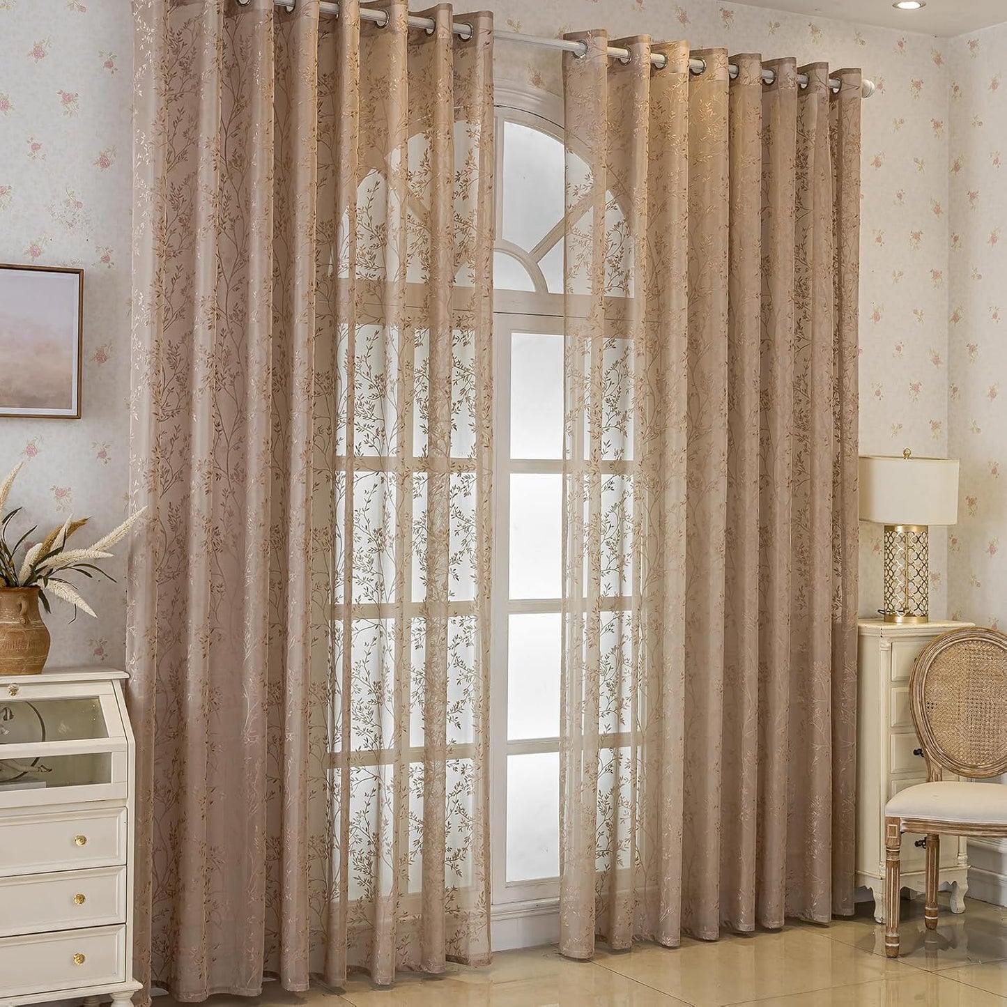 Coffee Lace Sheer Curtains, Farmhouse Leaf Jacquard Grommet Window Curtain for Living Room/Bedroom, Voile Sheer Panel Drapes