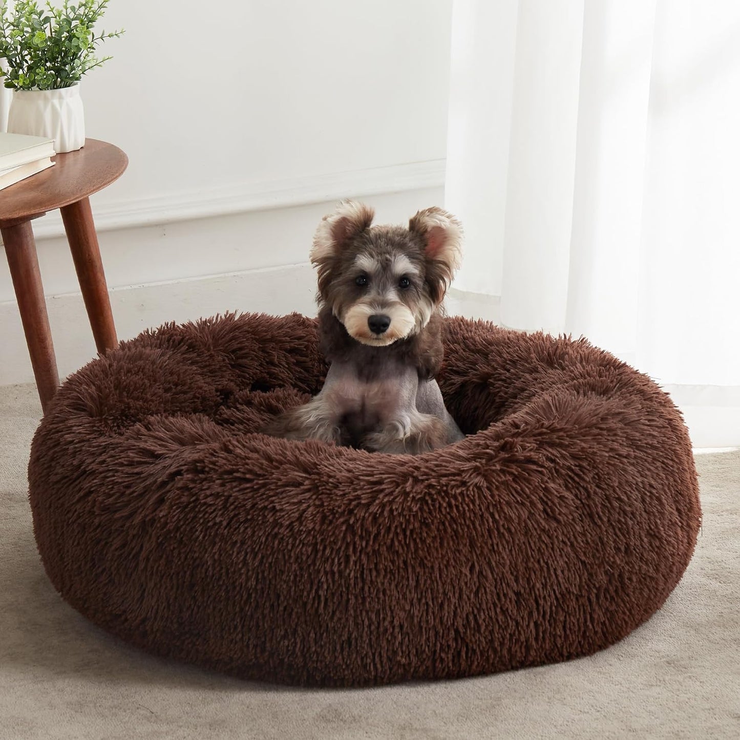 Anti Anxiety Round Fluffy Plush Faux Fur Warm Washable Dog Bed & Cat Bed, Original Bed for Small Medium Large Pets, Coffee