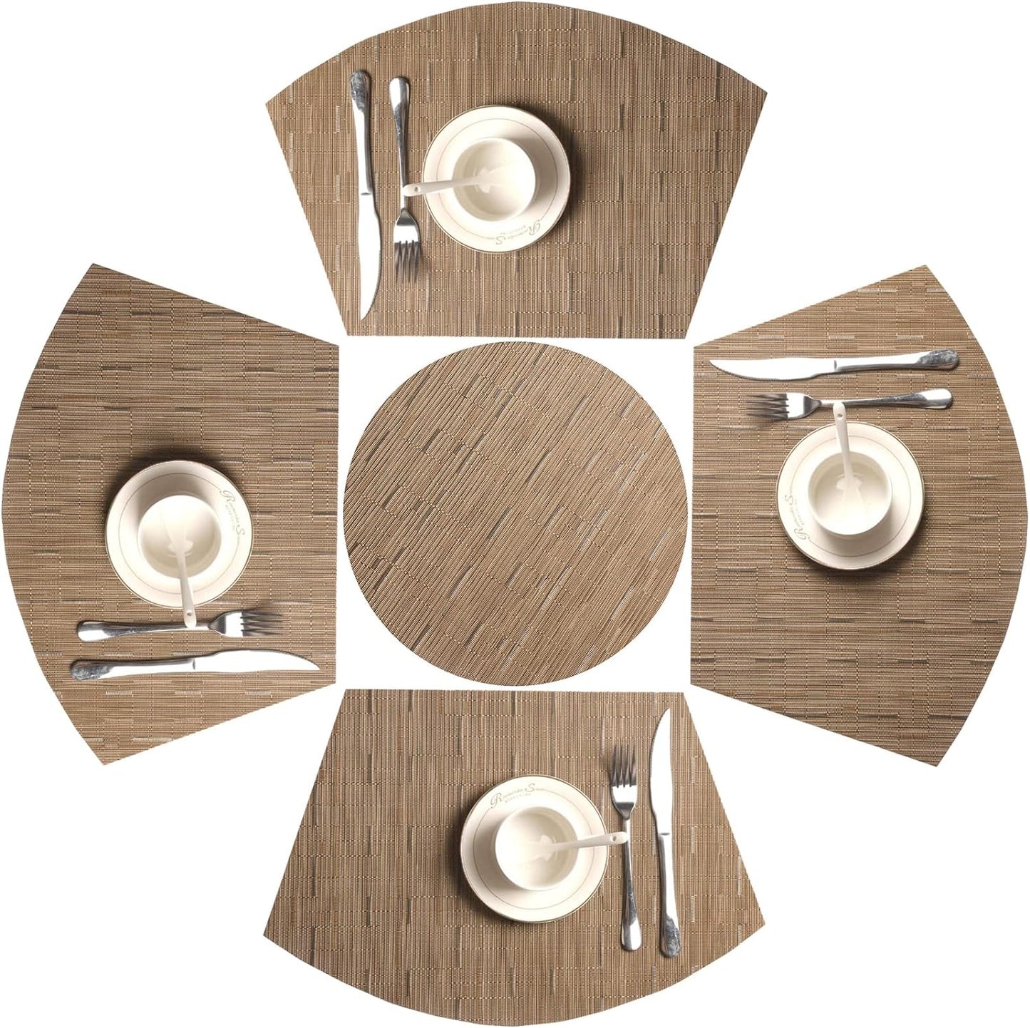 Round Table Placemats Set Wedge Shaped Place Mat with Centerpiece Round Mat Heat Resistant Table Mats Washable, Tan