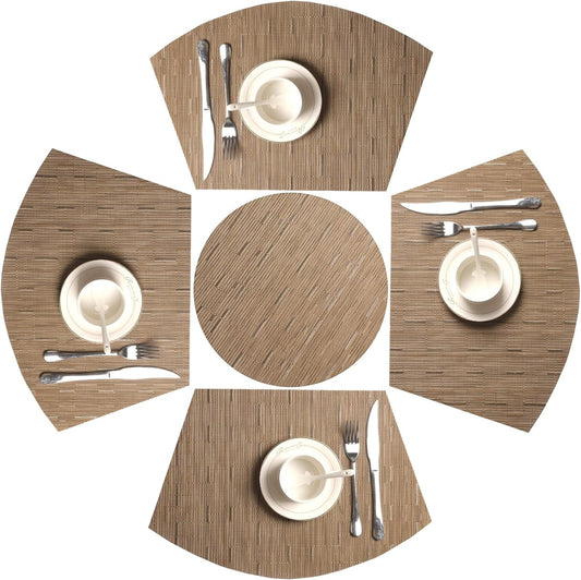 Round Table Placemats Set Wedge Shaped Place Mat with Centerpiece Round Mat Heat Resistant Table Mats Washable, Tan