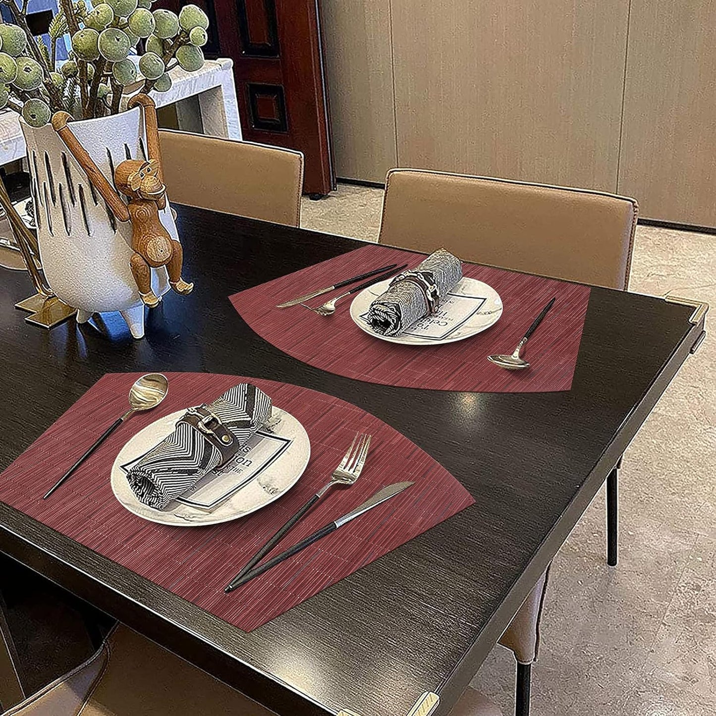 Round Table Placemats Set Wedge Shaped Place Mat with Centerpiece Round Mat Heat Resistant Table Mats Washable, Burgundy Red
