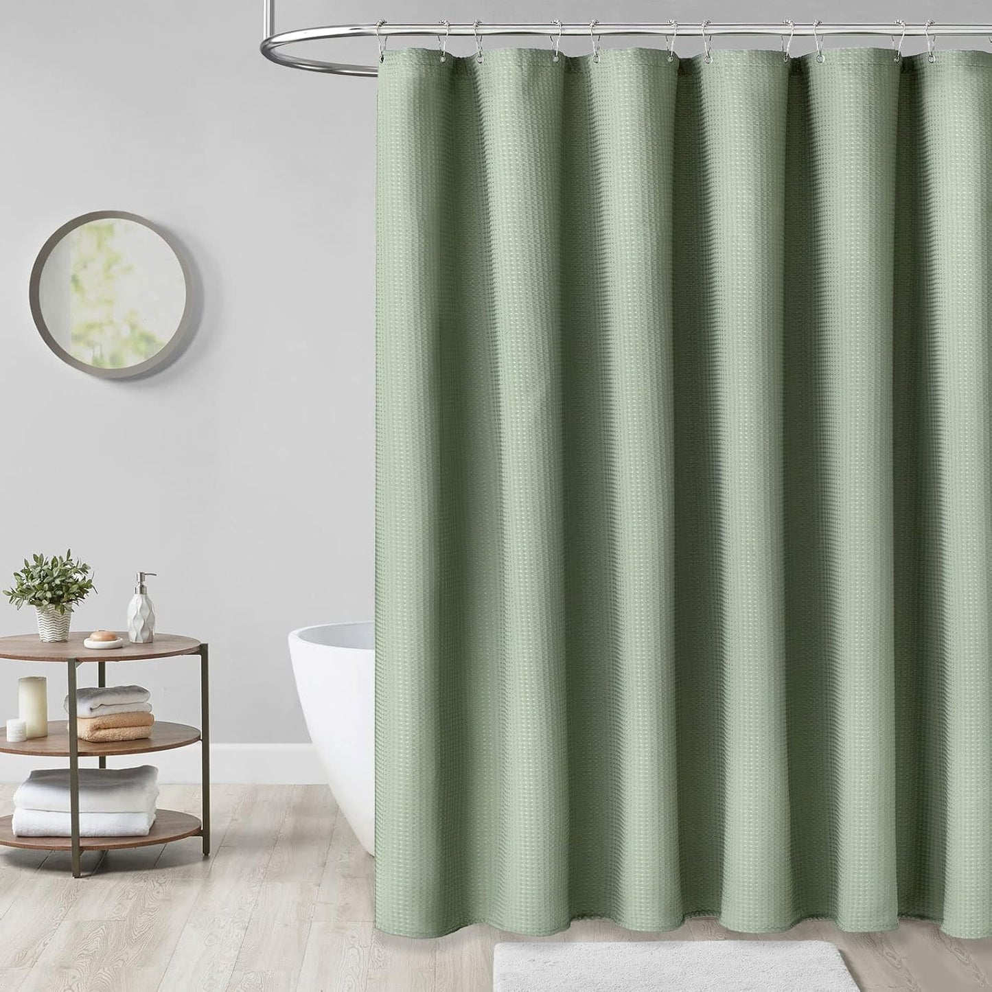 Fabric Shower Curtain - Waffle Weave Weighted Thick Cloth Shower Curtains for Bathroom, Hotel Spa Luxury Bath Curtain Set with 10 Hooks,Sage