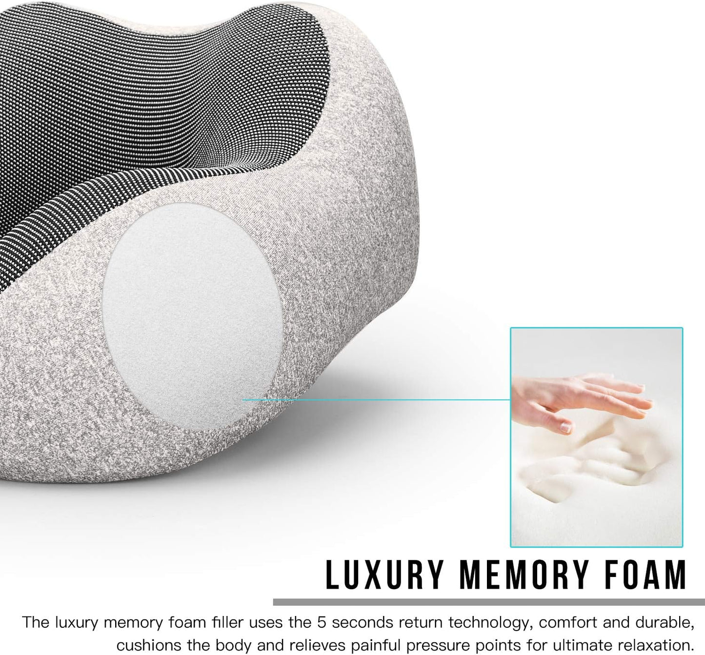 Travel Pillow 100% Pure Memory Foam Neck Pillow, Comfortable & Breathable Cover - Machine Washable, Airplane Travel Kit with 3D Sleep Mask, Earplugs, and Luxury Bag, Light Grey