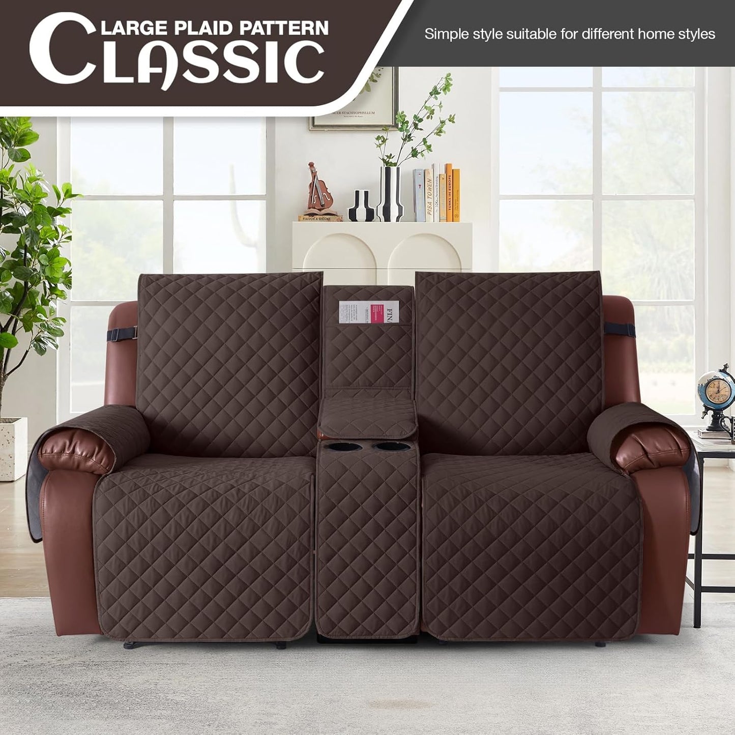 100%Waterproof  with Console, Non-Slip Reclining Couch Covers for 2 Seat, Recliner Sofa Cover Furniture Protector with Elastic Straps for Kids, Pets,Brown