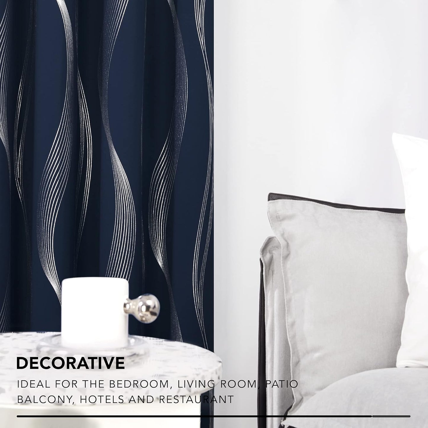 Silver Wave Print Blackout Curtains - Thermal Insulated & Noise‑Reducing Grommet Drapes for Bedroom & Living Room,  2 Panels ,Navy