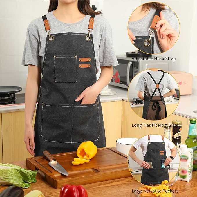 Chef Aprons for Men Women with Oversized Pockets,Cotton Canvas Cross Back Heavy Duty Work Apron,Black
