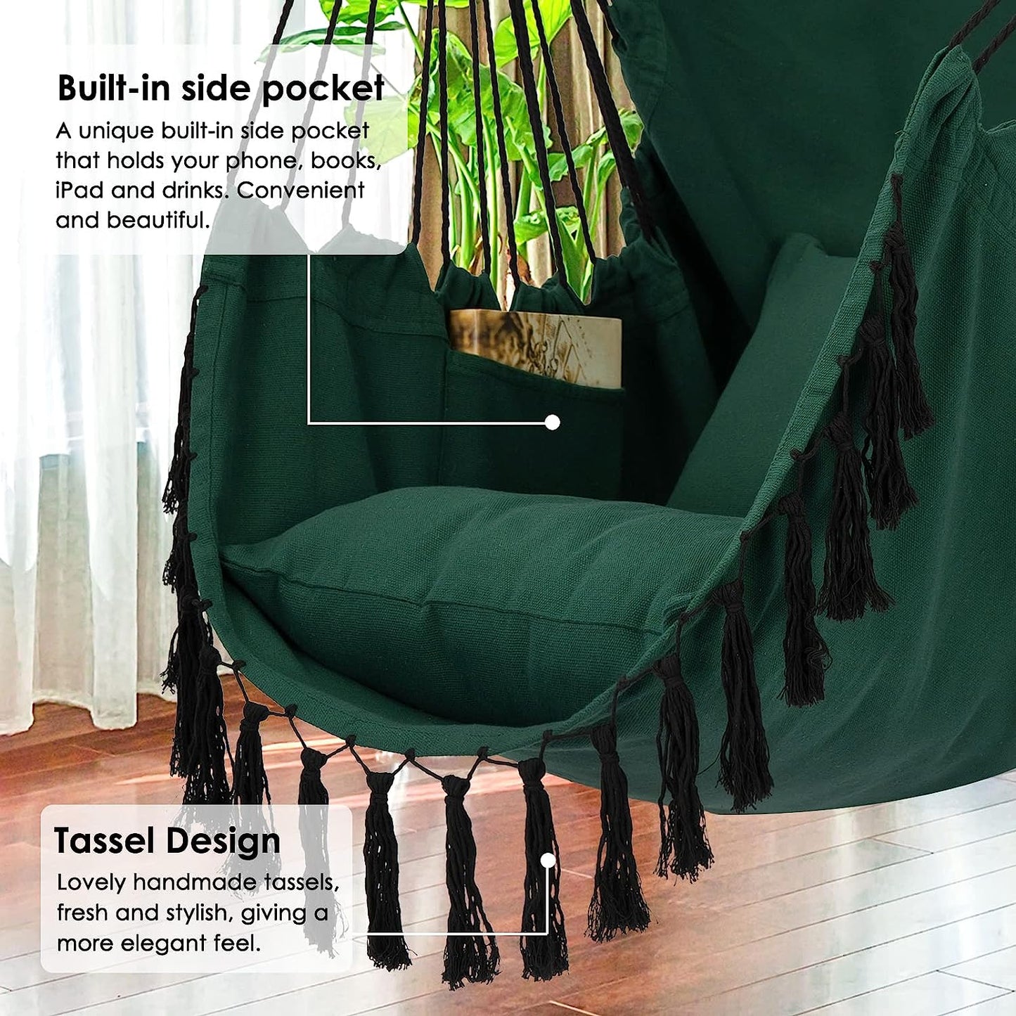 Hammock Chair Hanging Rope Swing, Large Hanging Chair with Pocket and tassels,Cushions for Superior Comfort, with Hardware Kit (GREEN)