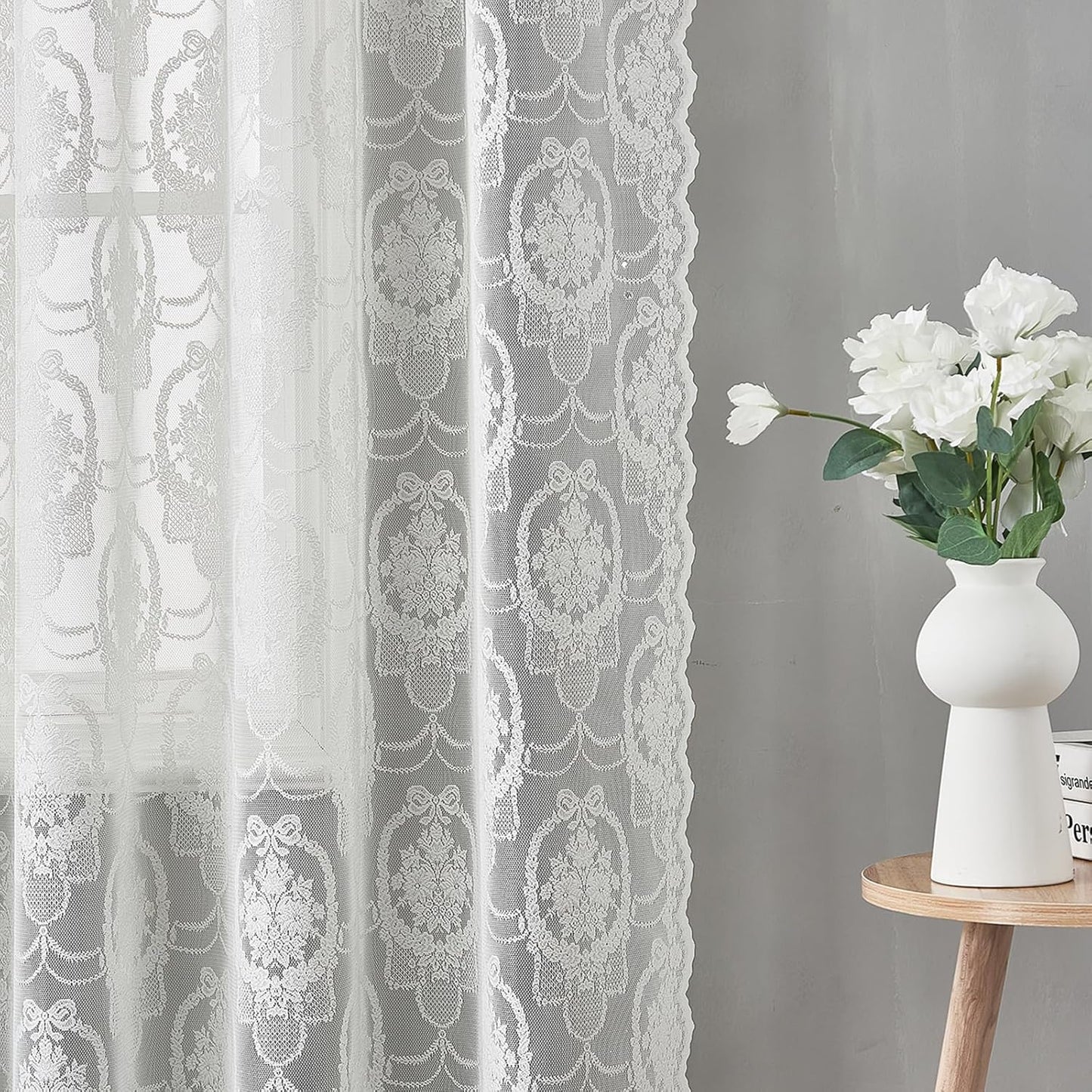 White Lace French Delicacy Curtains -Rod Pocket Luxury Vintage Bow Butterfly Flower Sheer Lace Curtains for Living Room Bedroom