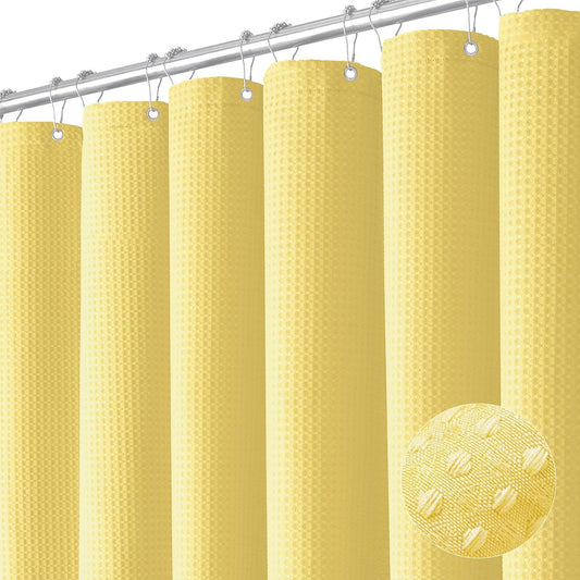 Fabric Shower Curtain - Waffle Weave Weighted Thick Cloth Shower Curtains for Bathroom, Hotel Spa Luxury Bath Curtain Set with 10 Hooks,Yellow