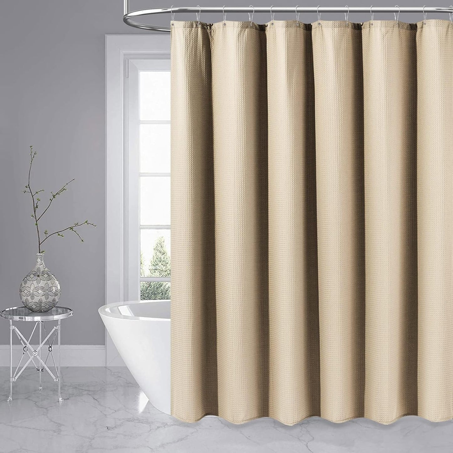 Fabric Shower Curtain - Waffle Weave Weighted Thick Cloth Shower Curtains for Bathroom, Hotel Spa Luxury Bath Curtain Set with 10 Hooks,Beige