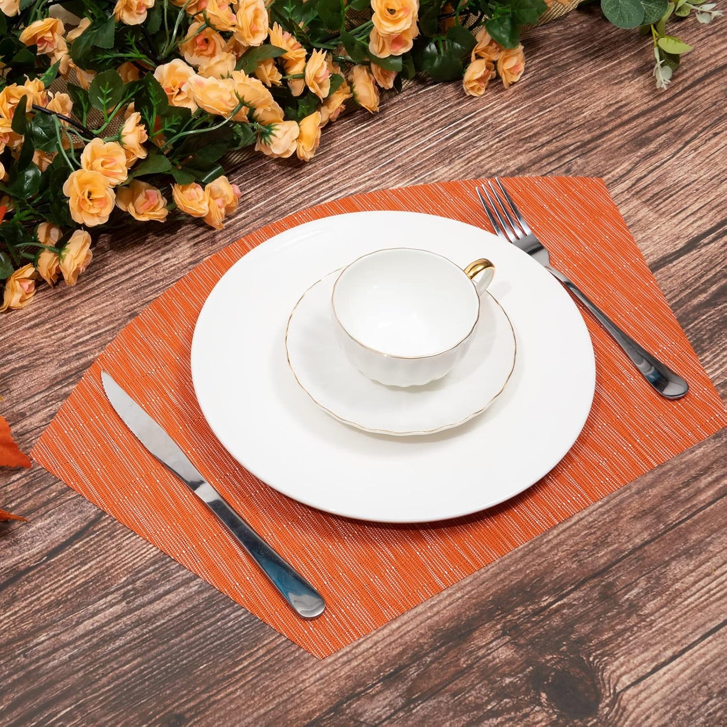 Round Table Placemats Set Wedge Shaped Place Mat with Centerpiece Round Mat Heat Resistant Table Mats Washable, Orange