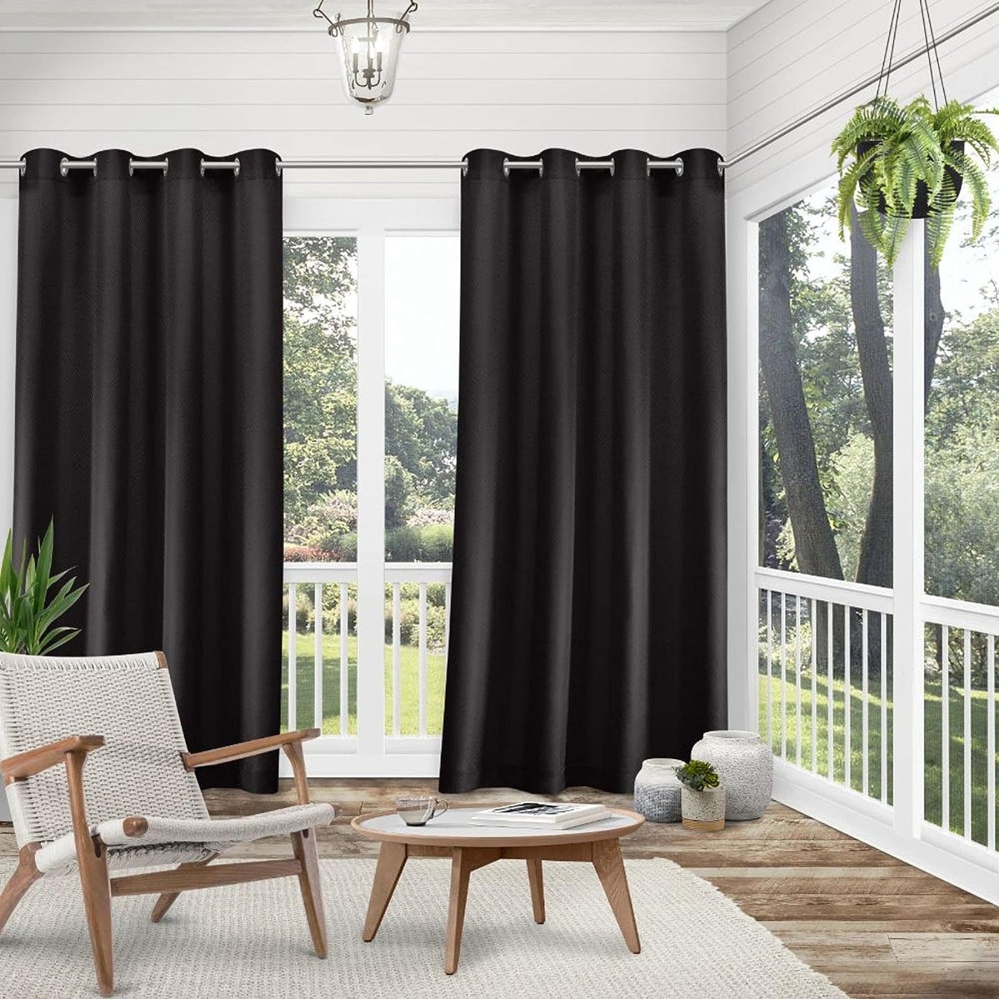2 Pieces Solid Indoor/Outdoor Light Filtering,Waterproof Grommet Top Curtain Panel, Black