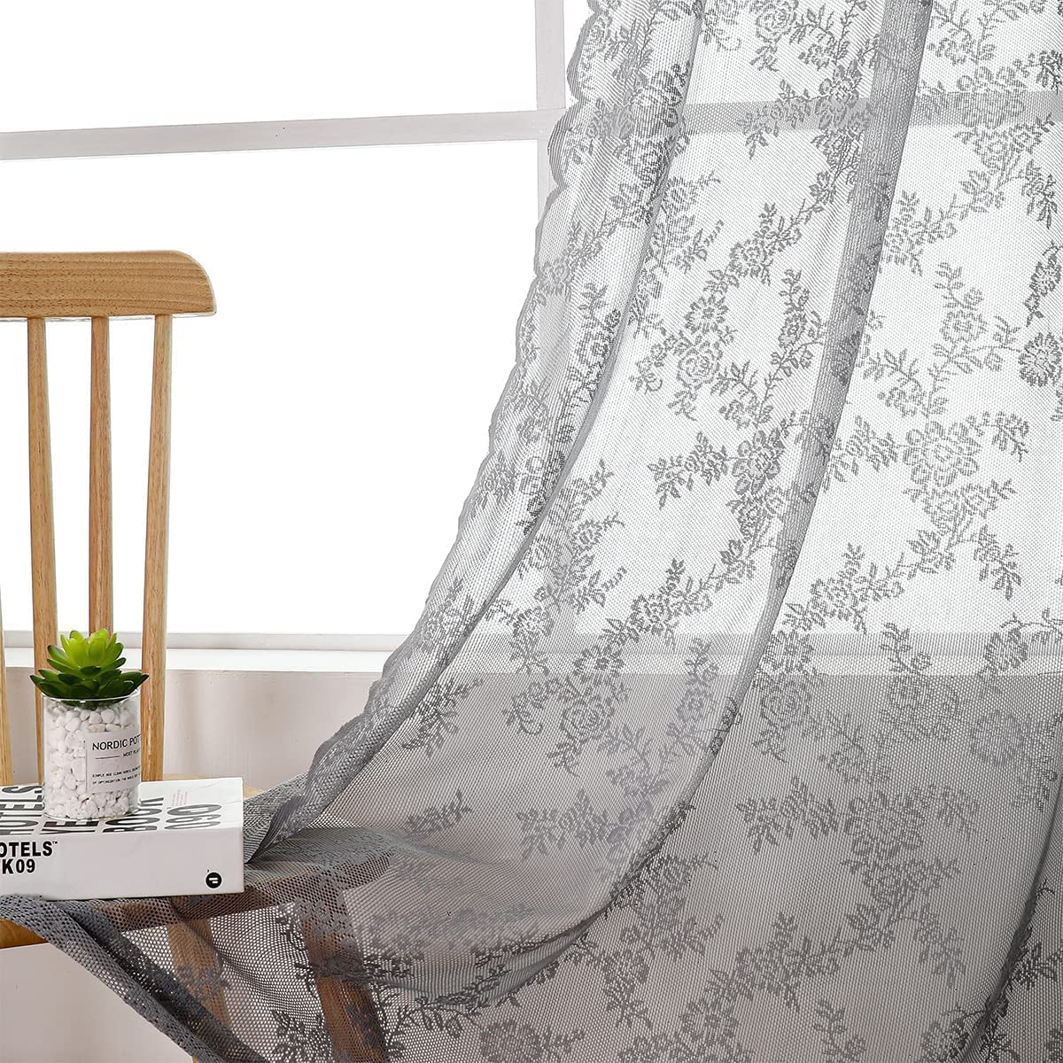Grey Lace Sheer Curtains for Bedroom Farmhouse French Floral Rose Lace Curtain Panels Durable Flower Embeoidered Window Treatment Drapes for Living Room Christmas Holiday, Set of 2