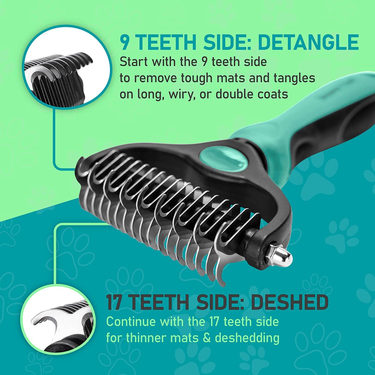 Pet Grooming Brush - Double Sided Shedding and Dematting Undercoat Rake Comb for Dogs and Cats,Extra Wide,Turquoise