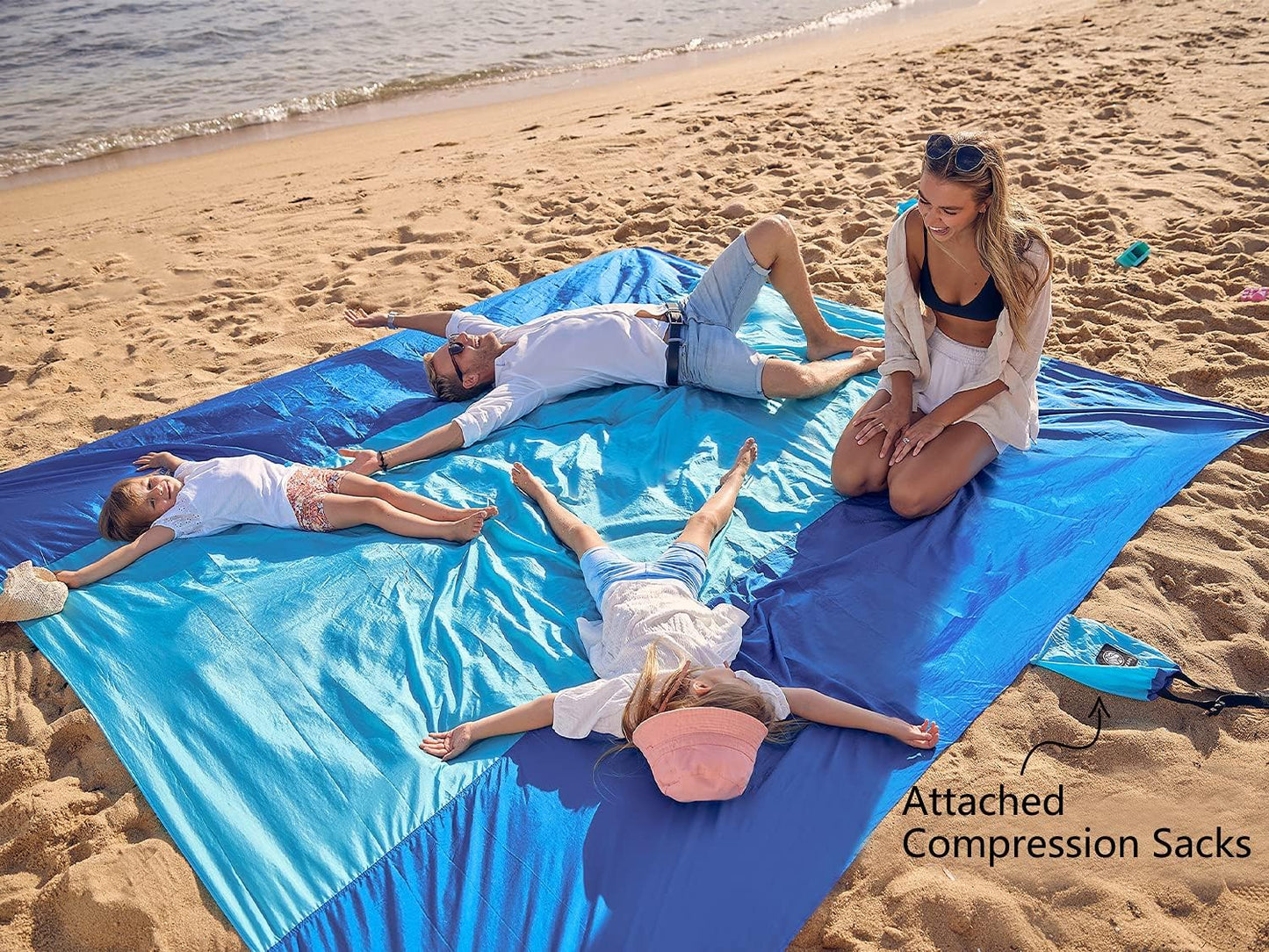 Extra Large Beach Blanket Waterproof Sandproof with 4 Stakes, Easy to Clean, Lightweight ,Fast