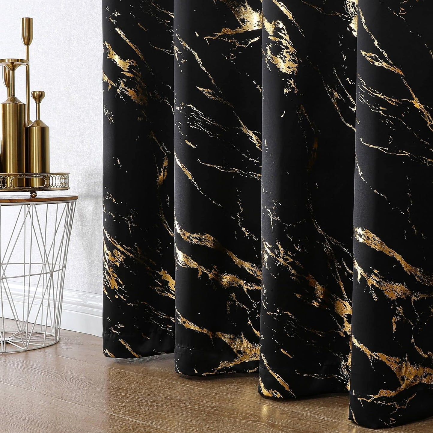 90% Blackout Curtains 2 Panels, Gold Marble Patterned Blackout Curtains Thermal Insulated Room Darkening Drapes for Living Room ,Black