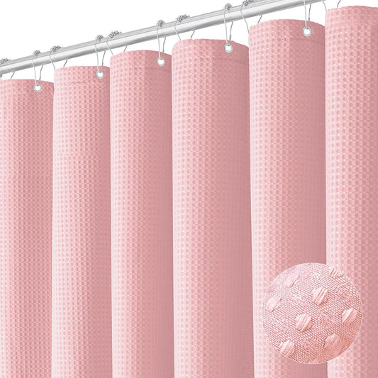 Fabric Shower Curtain - Waffle Weave Weighted Thick Cloth Shower Curtains for Bathroom, Hotel Spa Luxury Bath Curtain Set with 10 Hooks,Pink