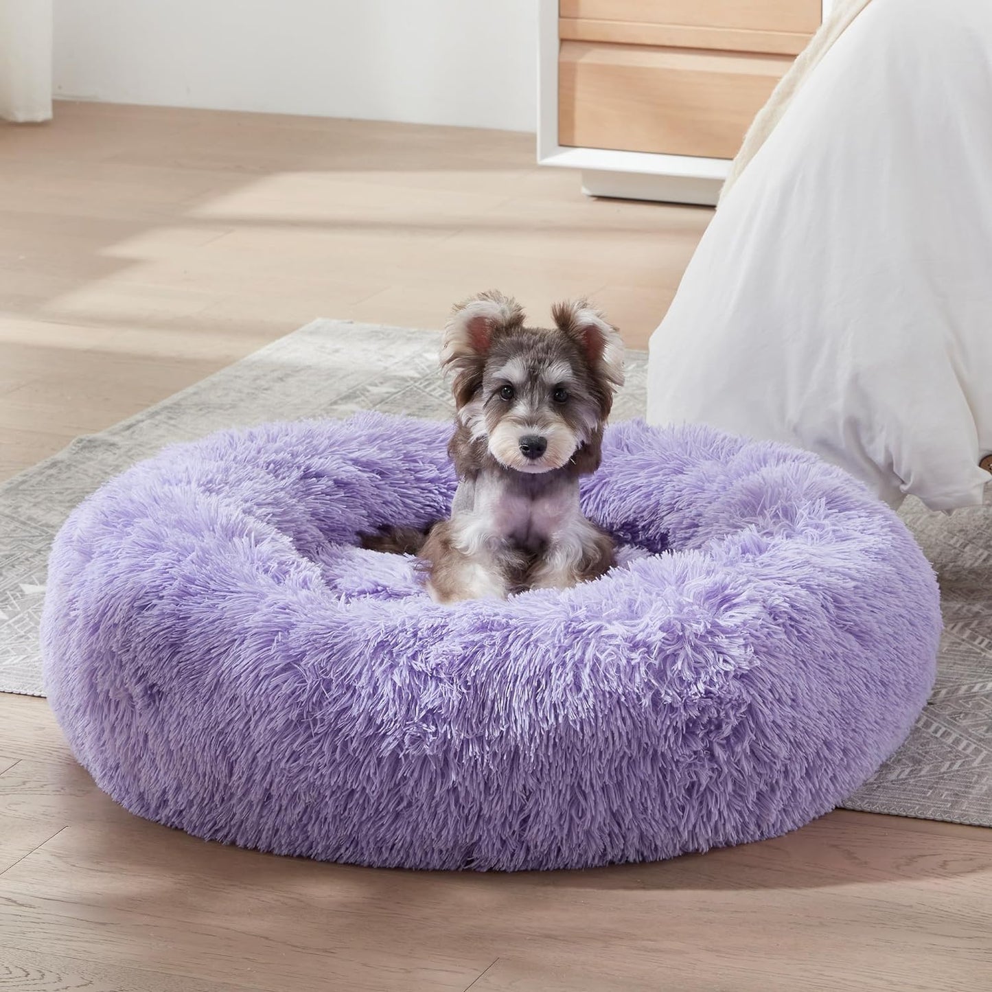 Anti Anxiety Round Fluffy Plush Faux Fur Warm Washable Dog Bed & Cat Bed, Original Bed for Small Medium Large Pets,Purple