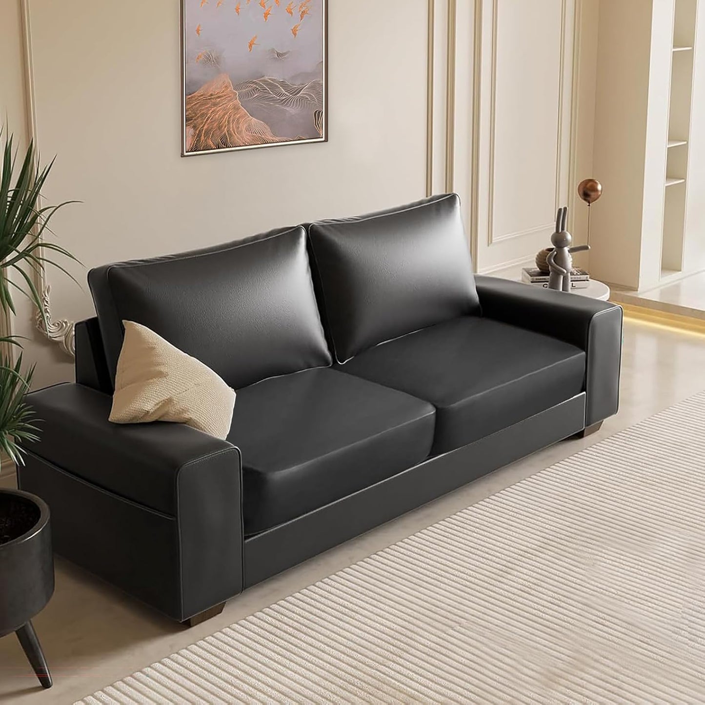 Waterproof PU Sofa Cushion Covers, Leather RV Chair Seat Slipcover with Elastic Bottom Furniture Protector for Settee Seater Replacement, Washable,Black