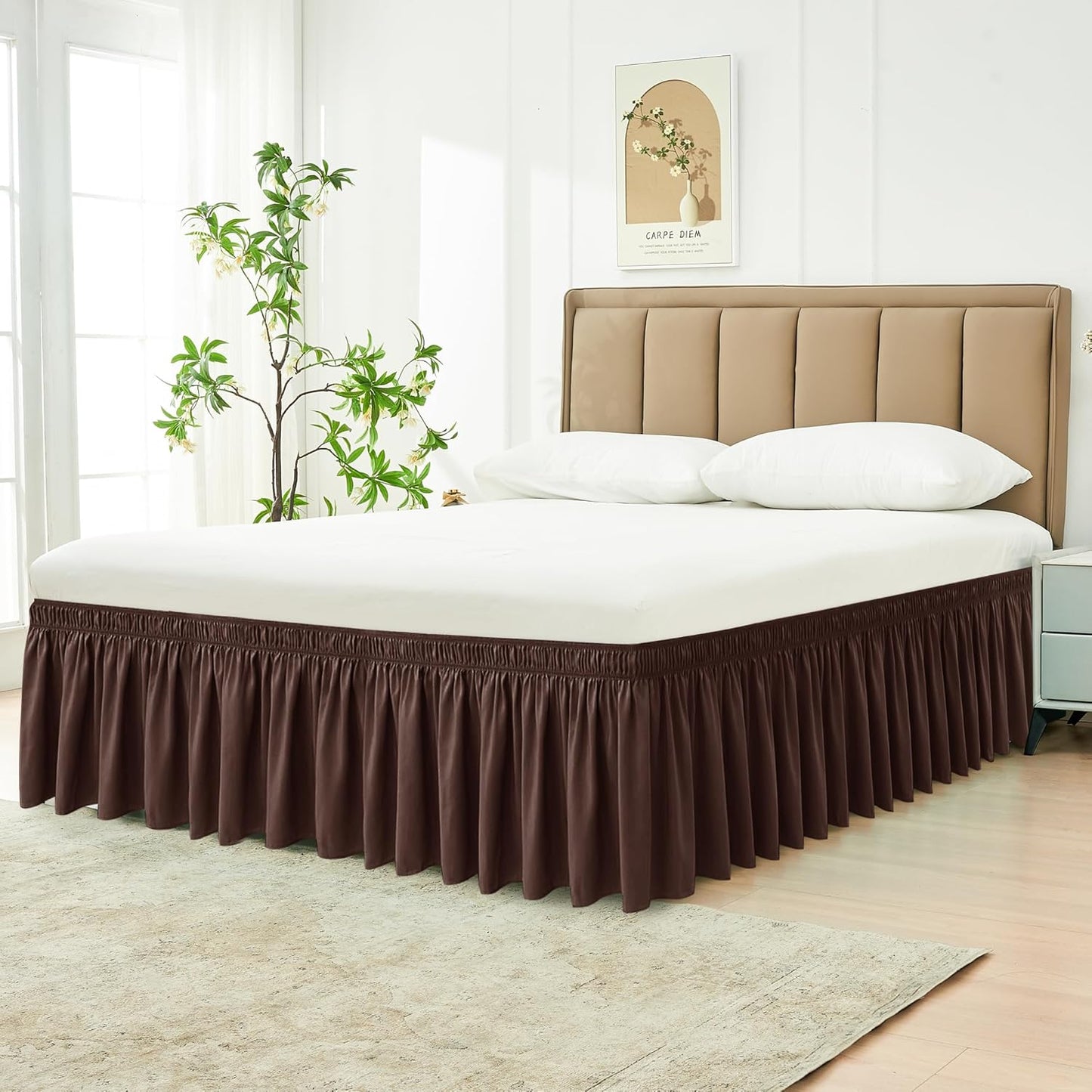 Wrap Around Bed Skirts  15" Drop, Aqua Adjustable Elastic Dust Ruffles Easy Fit Wrinkle & Fade Resistant  Machine Washable ,Brown