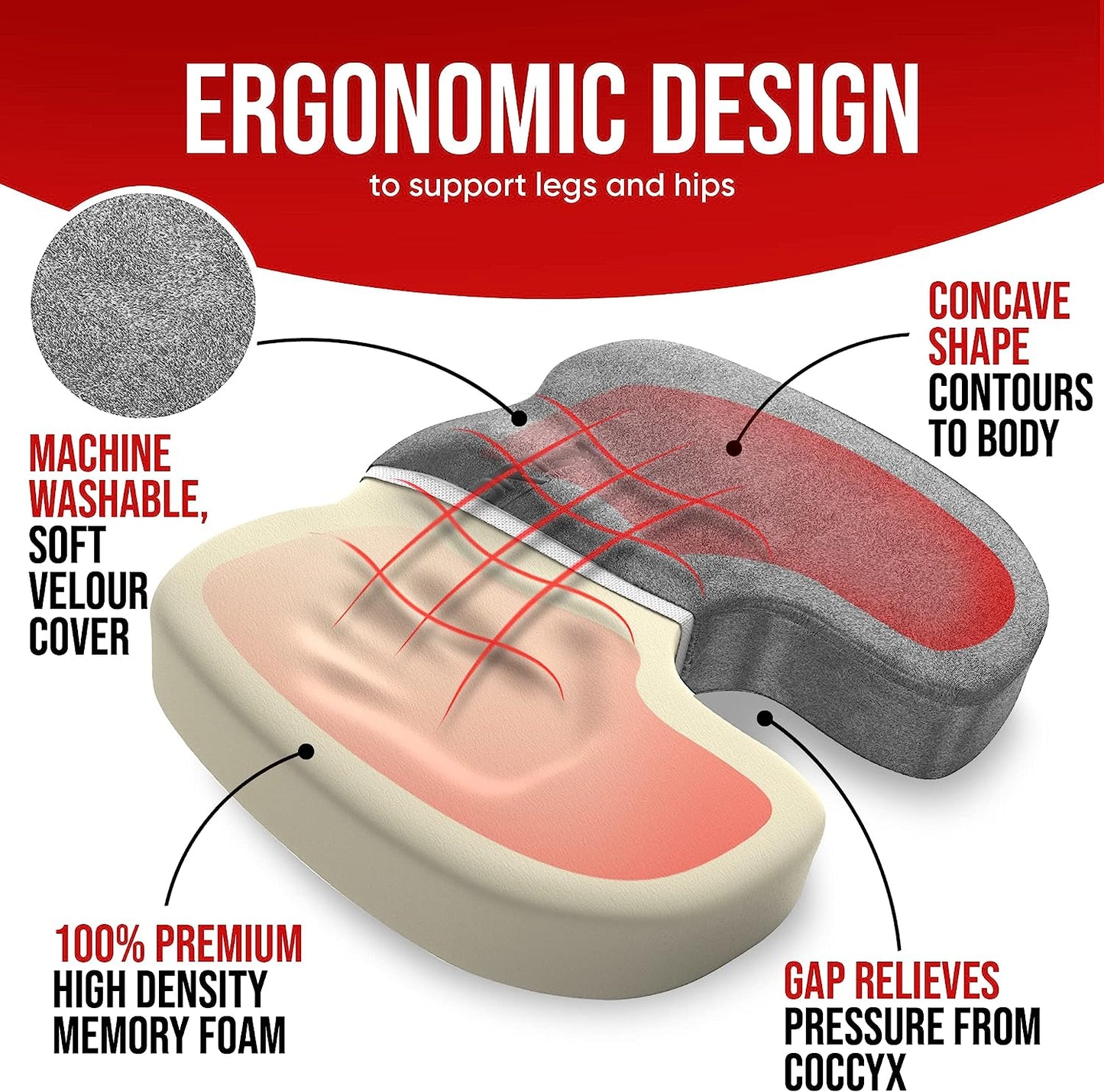 Seat Cushion for Office Chair, Lumbar Support Pillow for Chair, Car Seat Cushion,Washable Coat,Back Support Memory Foam Pillow ,Grey Velour
