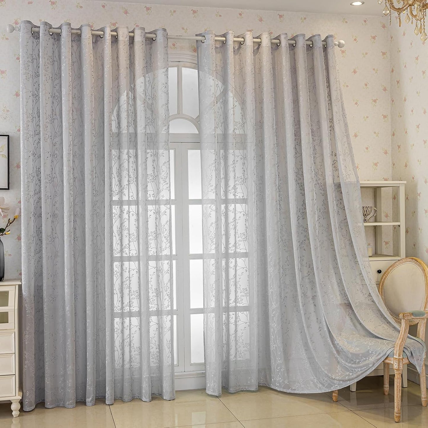 Grey Lace Sheer Curtains, Farmhouse Leaf Jacquard Grommet Window Curtain for Living Room/Bedroom, Voile Sheer Panel Drapes