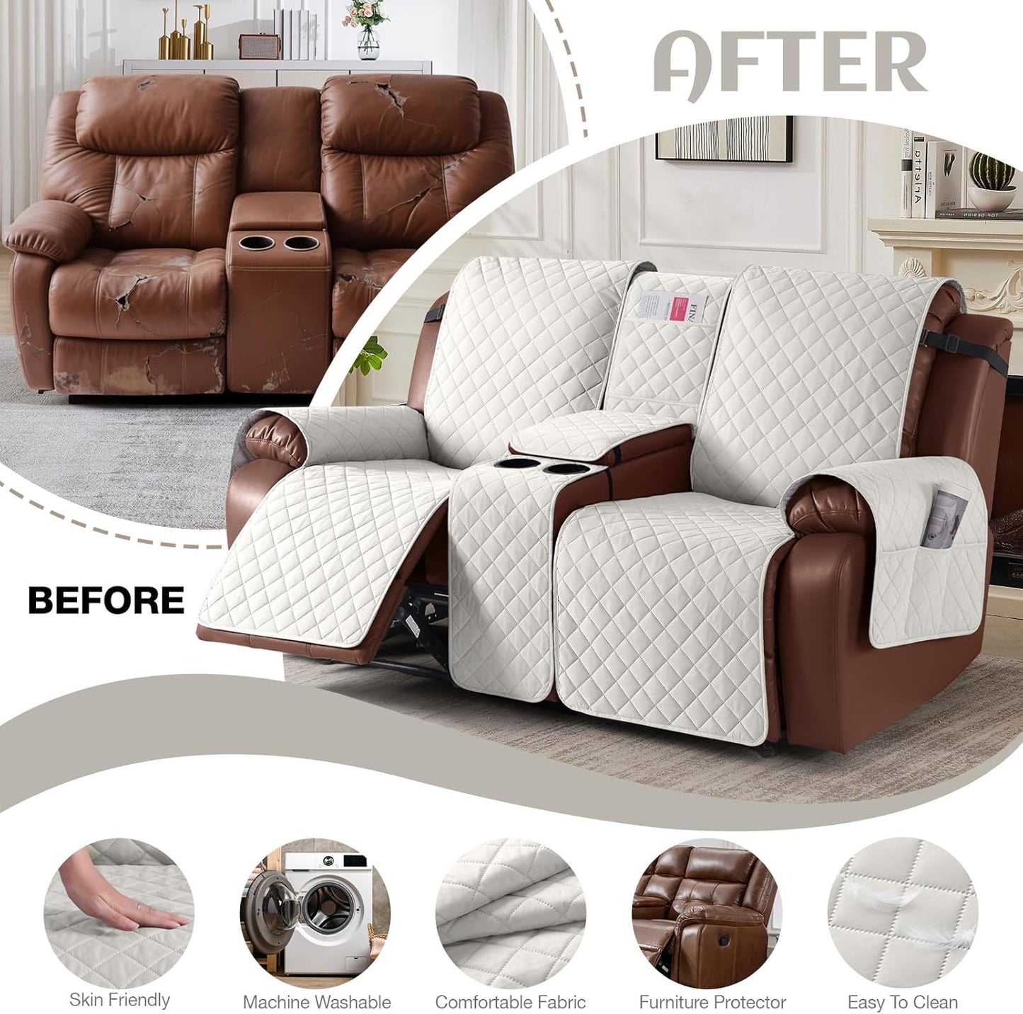 100%Waterproof  with Console, Non-Slip Reclining Couch Covers for 2 Seat, Recliner Sofa Cover Furniture Protector with Elastic Straps for Kids, Pets,Ivory