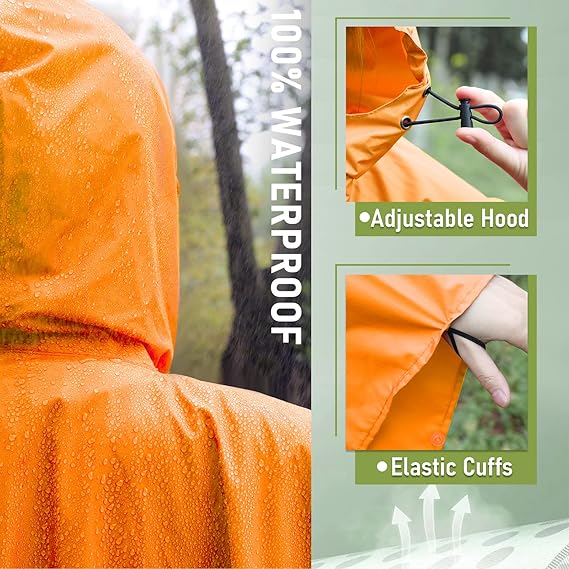 Unisex Rain Poncho Raincoat Hooded with Pockets&ZIpper ,Fashion,Beautiful, Durable, Lightweight,(Orange)