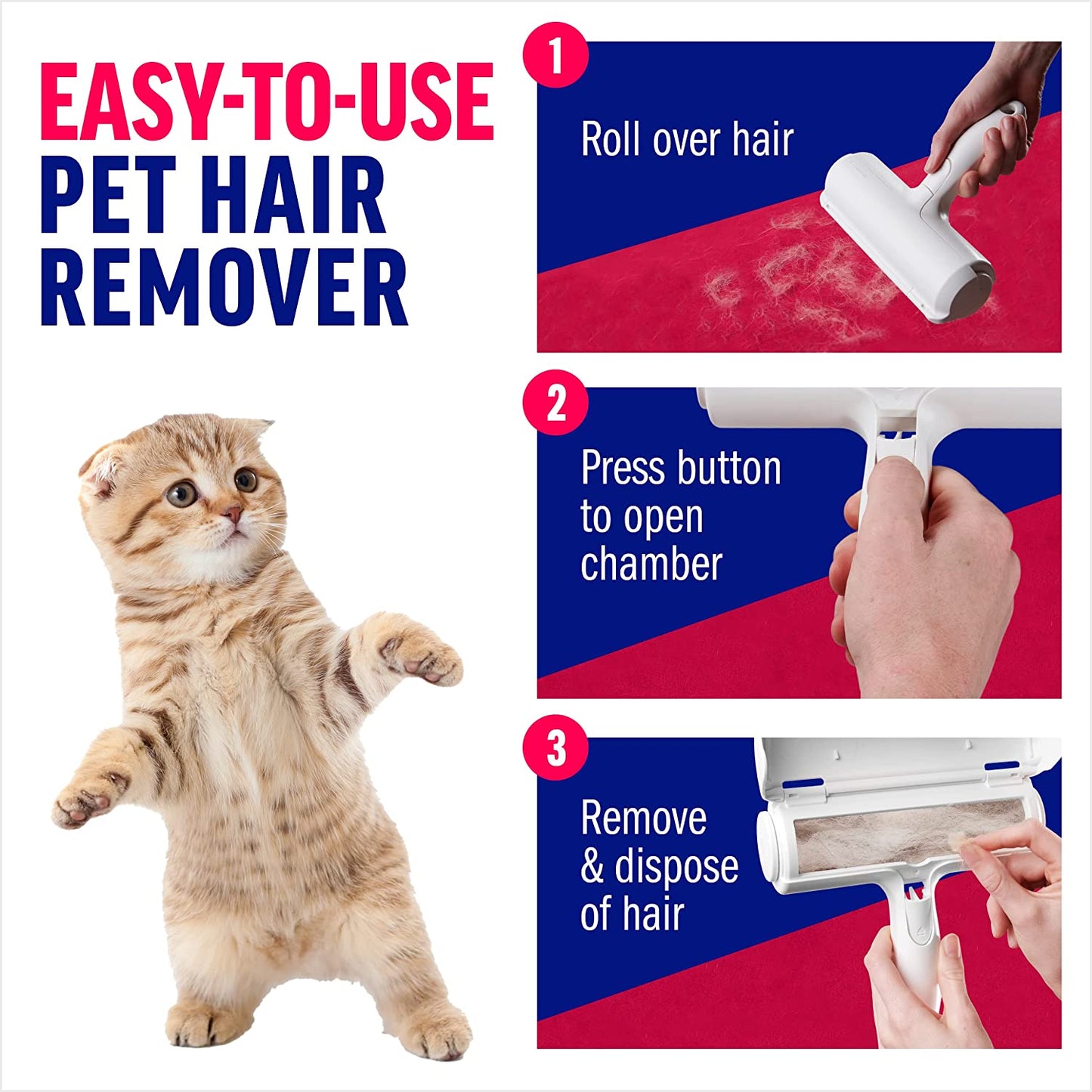 Reusable Cat and Dog Hair Collector for Furniture, Couch, Carpet, Car Seats or Bedding - Portable, Multi-Surface Lint Roller and Fur Removal Tool