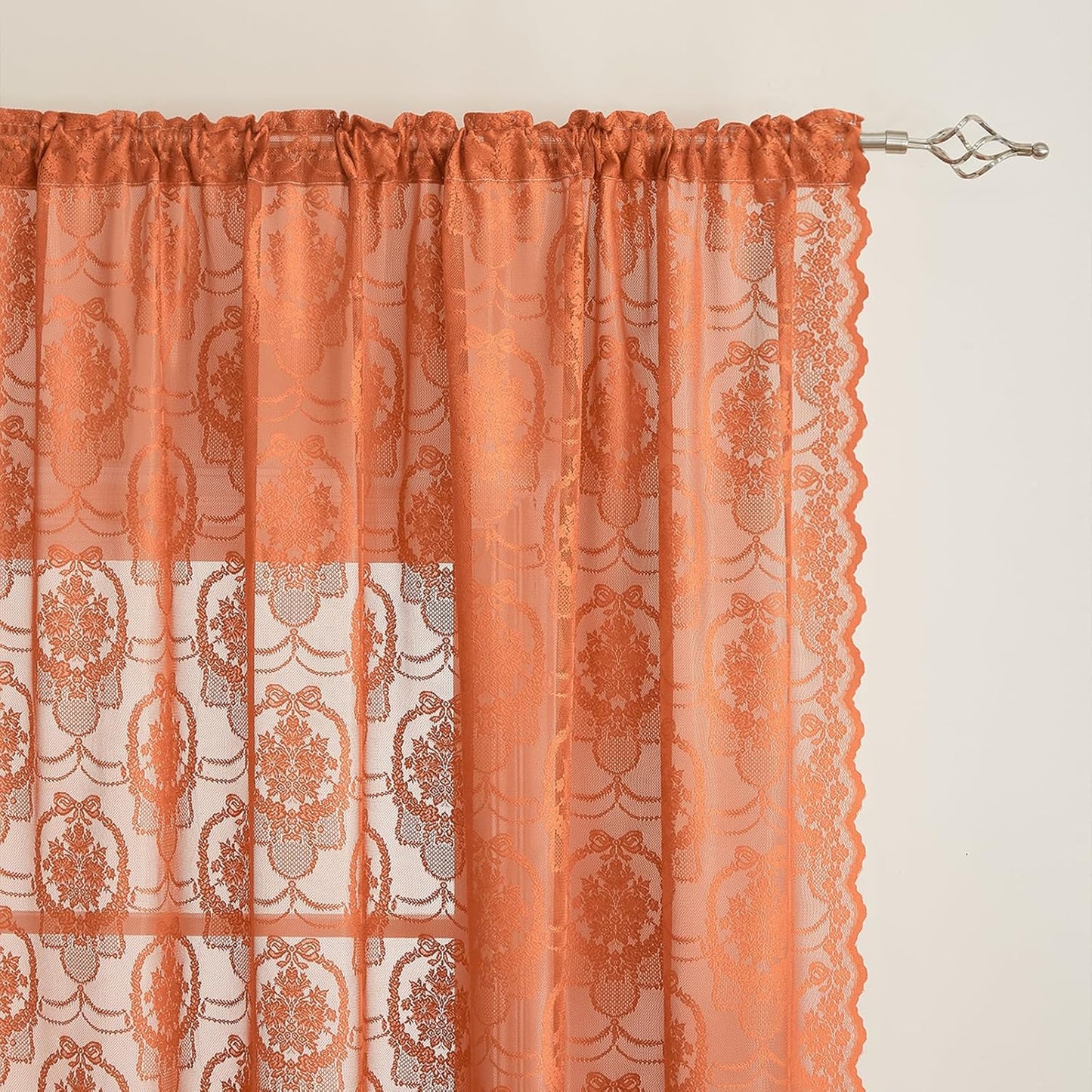 Burnt Orange Lace French Delicacy Curtains -Rod Pocket Luxury Vintage Bow Butterfly Flower Sheer Lace Curtains for Living Room Bedroom