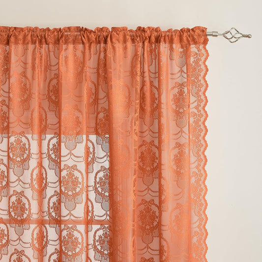 Burnt Orange Lace French Delicacy Curtains -Rod Pocket Luxury Vintage Bow Butterfly Flower Sheer Lace Curtains for Living Room Bedroom