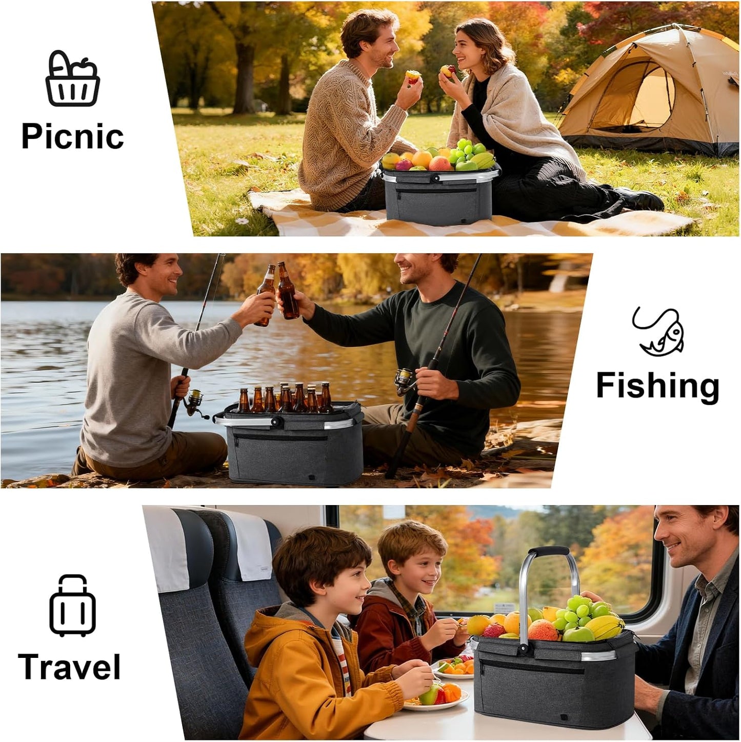 Picnic Basket Included 18L Insulated Cooler, Thickening Foldable Picnic Basket with Removable Baskets & Sewn-in Frame(Black)