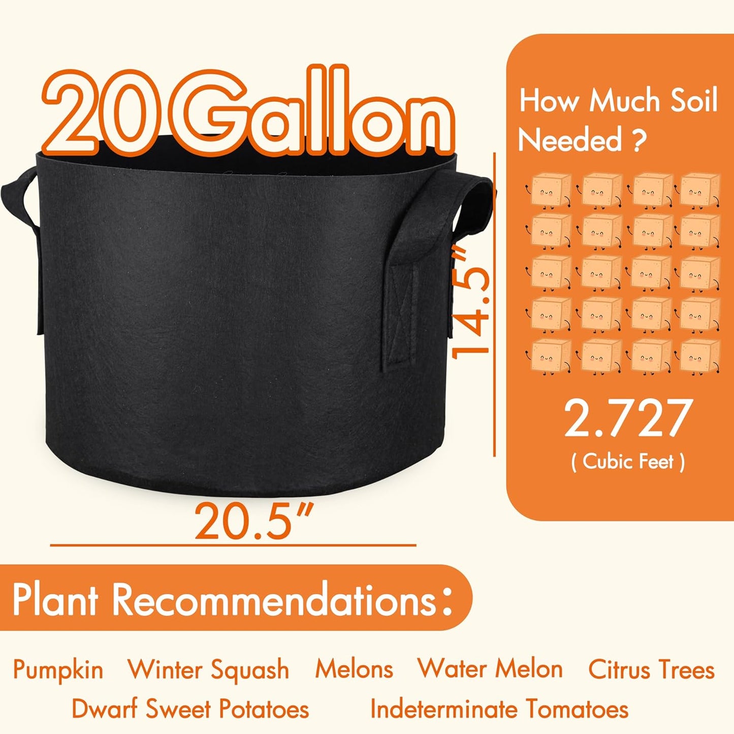 10-Pack 20 Gallon Grow Bags, Aeration Fabric Pots with Handles, Heavy Duty Cloth Pots for Plants
