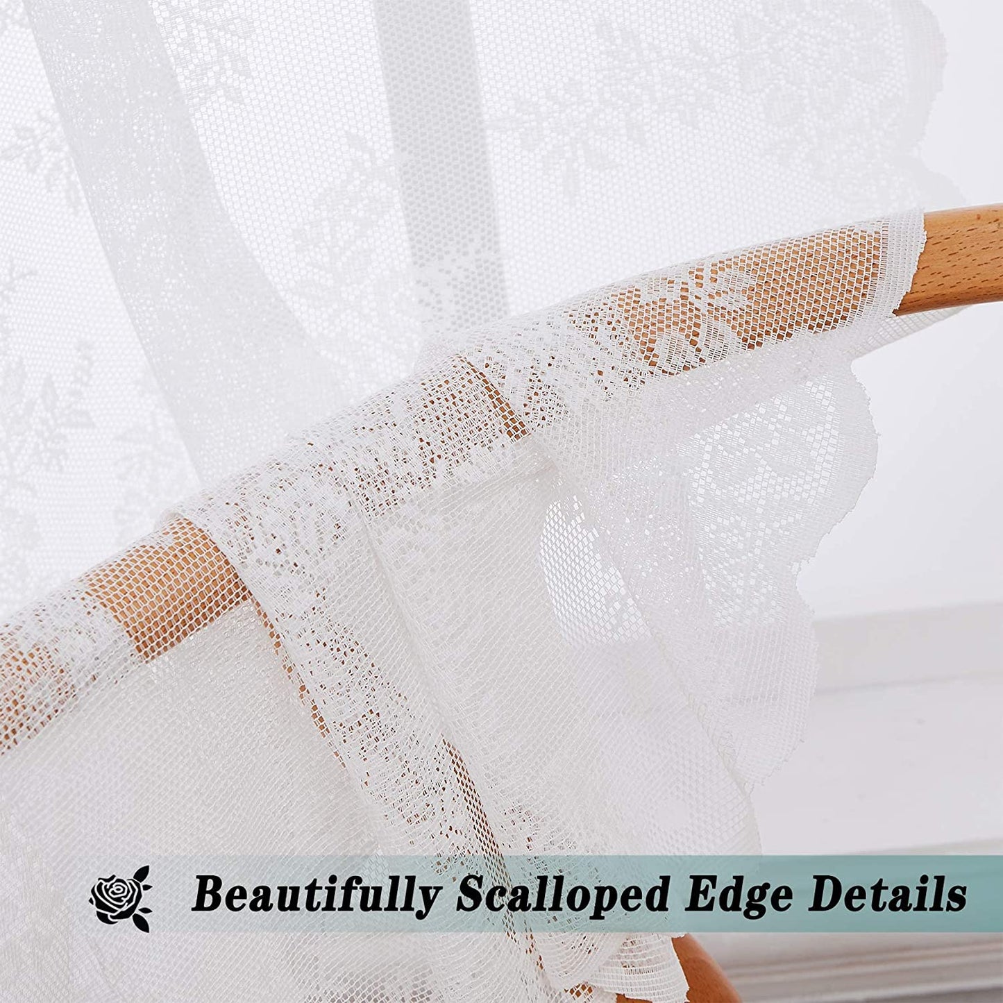White Lace Sheer Curtains for Bedroom Farmhouse French Floral Rose Lace Curtain Panels Durable Flower Embeoidered Window Treatment Drapes for Living Room Christmas Holiday, Set of 2
