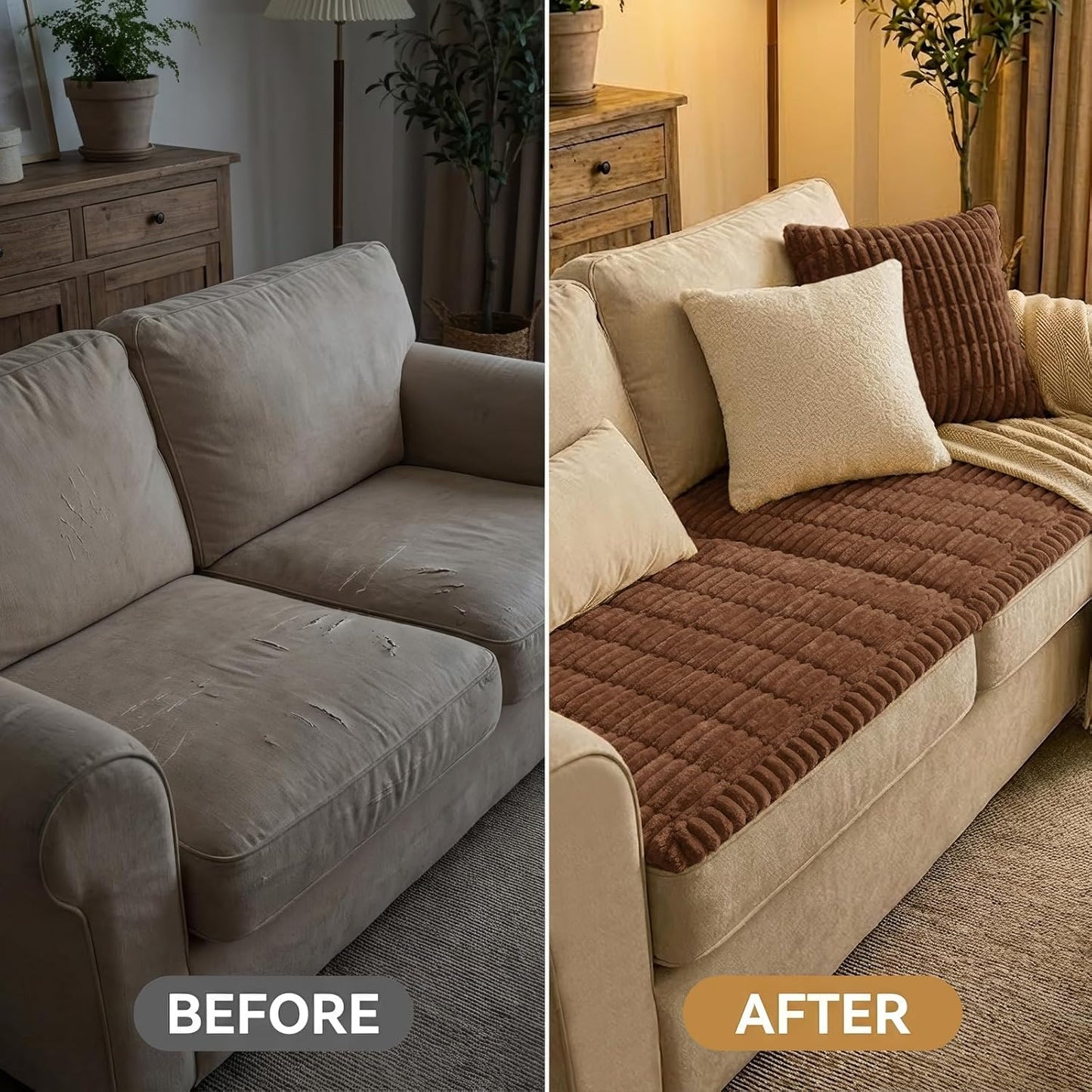 Couch Cover for Dogs Washable, Non Slip Fuzzy Pet Couch Covers for 3 Cushion Sofa Pet Friendly, Thick Soft Sofa Slipcovers Cushion Protector, Brown