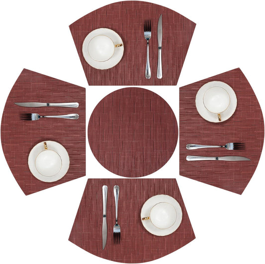 Round Table Placemats Set Wedge Shaped Place Mat with Centerpiece Round Mat Heat Resistant Table Mats Washable, Burgundy Red