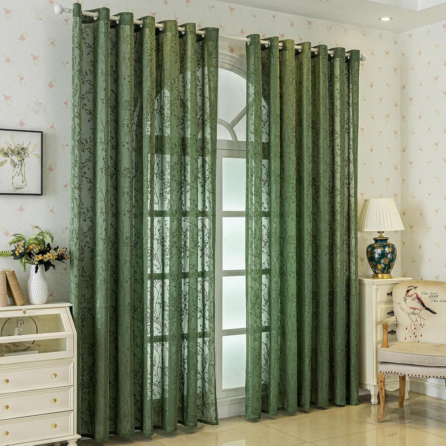 Green Lace Sheer Curtains, Farmhouse Leaf Jacquard Grommet Window Curtain for Living Room/Bedroom, Voile Sheer Panel Drapes