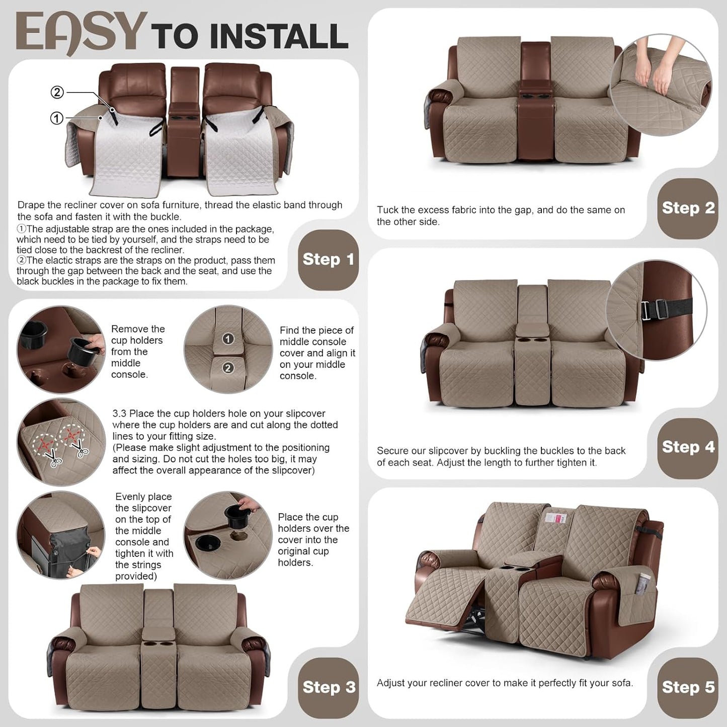 100%Waterproof  with Console, Non-Slip Reclining Couch Covers for 2 Seat, Recliner Sofa Cover Furniture Protector with Elastic Straps for Kids, Pets,Taupe